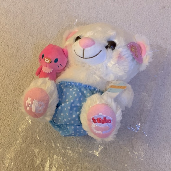 BABY TEDDY BEAR WITH DIAPER AND BOTTLE HOLDING A CAT [NWT - From Japan] - Picture 3 of 4